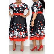Lovely Leisure Dot Printed Red Mid Calf Plus Size 