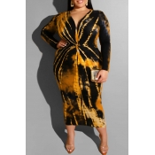 Lovely Casual Printed Yellow Mid Calf Plus Size Dr