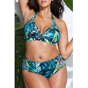 Lovely Printed Green Plus Size Two-piece Swimwear
