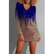 Lovely Casual Sequined Patchwork Blue Mini Dress