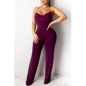 Lovely Sexy Backless Purple One-piece Jumpsuit