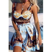 Lovely Sweet Spaghetti Straps Printed Baby Blue Tw
