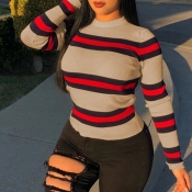 Lovely Casual Striped Khaki Sweatshirt Hoodi