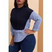 Lovely Casual Patchwork Blue Plus Size Blouse
