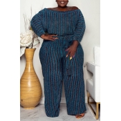 Lovely Casual Striped Dark Blue Plus Size Two-piec