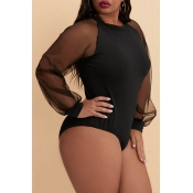 Lovely Casual See-through Black Plus Size Bodysuit