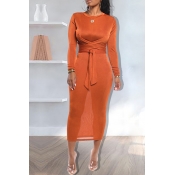 Lovely Casual Knot Design Orange Ankle Length Dres