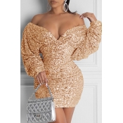 Lovely Casual Deep V Neck Gold Mini Dress