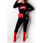 Lovely Casual Lip Black Two-piece Pants Set
