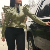Lovely Casual Flounce Design Army Green Jacket