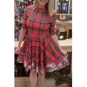 Lovely Trendy O Neck Plaid Printed Red Knee Length