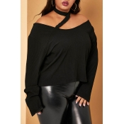 Lovely Casual Dew Shoulder Black Plus Size Sweater