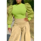 Lovely Sweet O Neck Ruffle Design Green Blouse