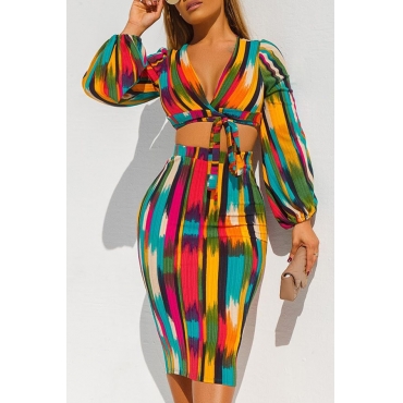 

LW SXY Casual Crop Top Printed Multicolor Two-piece Skirt Set, Multi
