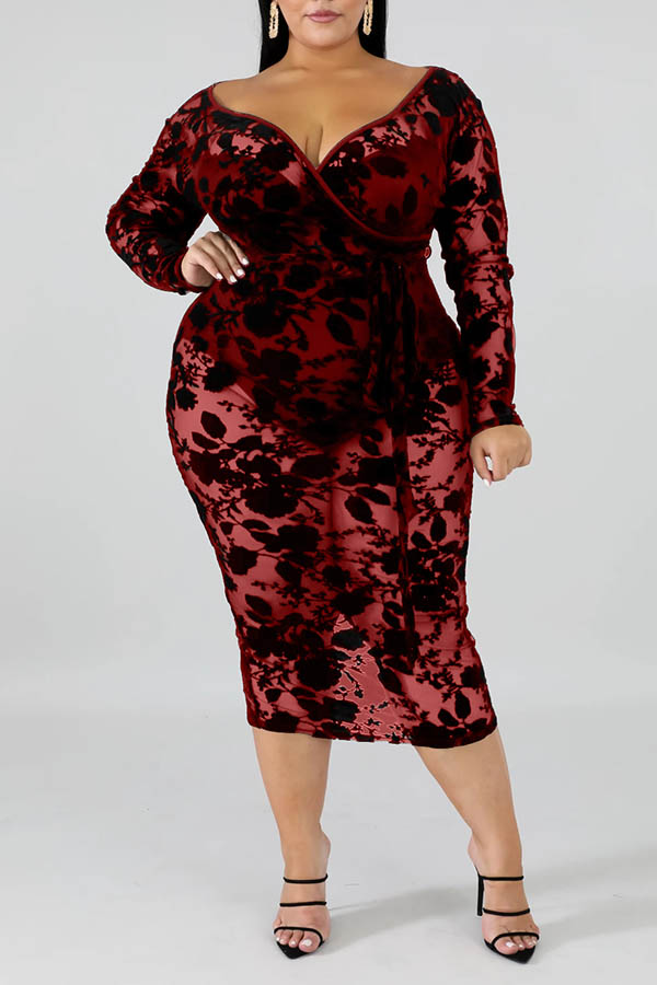 

Lovely Sexy V Neck Hollow-out Wine Red Mid Calf Plus Size Dress