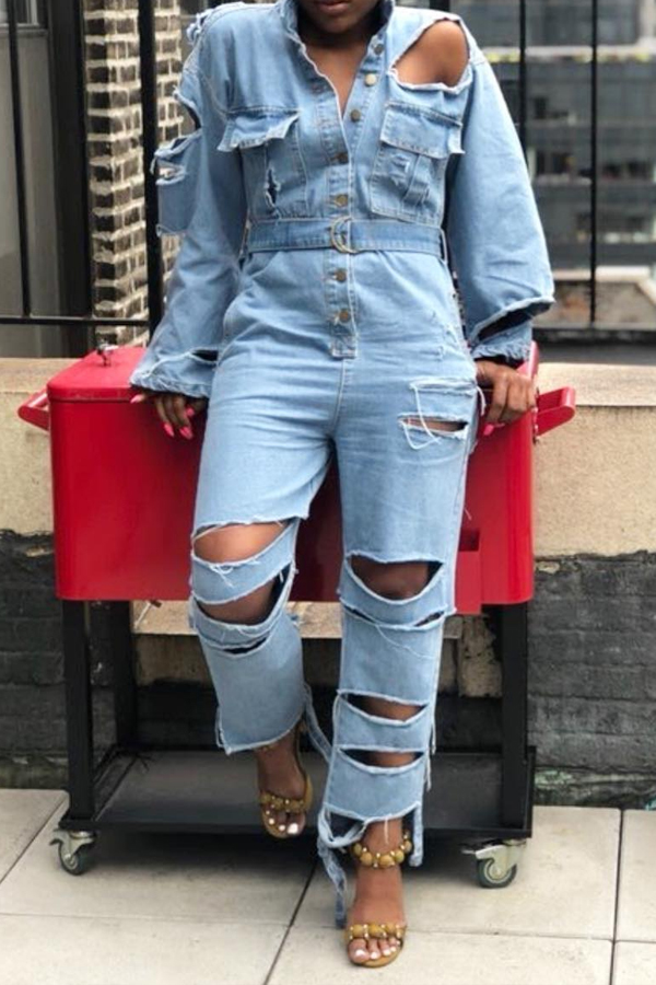 

Lovely Casual Hollow-out Blue Denim One-piece Jumpsuit