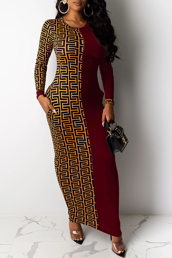 

Lovely Casual Printed Wine Red Ankle Length Plus Size Dress