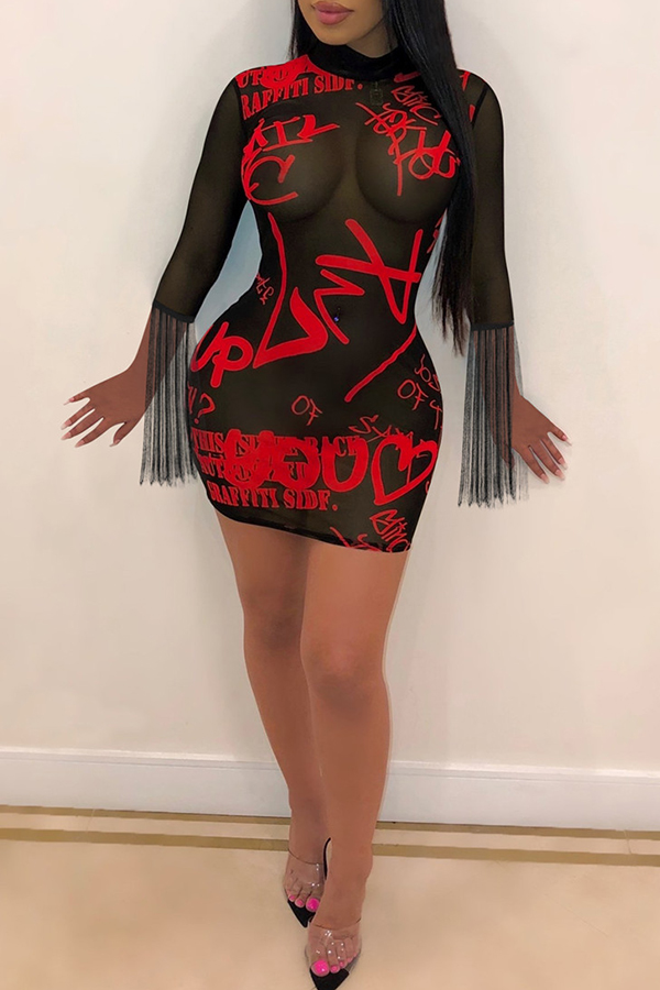 

Lovely Sexy See-through Printed Red Mini Dress