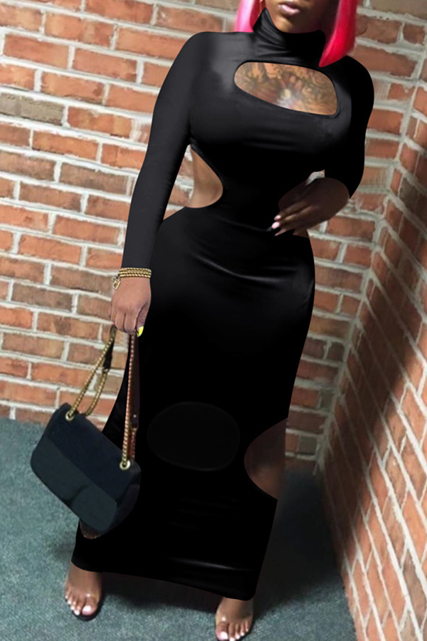 

Lovely Sexy Turtleneck Hollow-out Black Ankle Length Dress