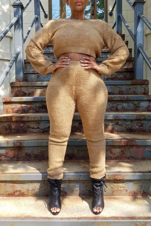 

Lovely Casual Basic Brown Two-piece Pants Set