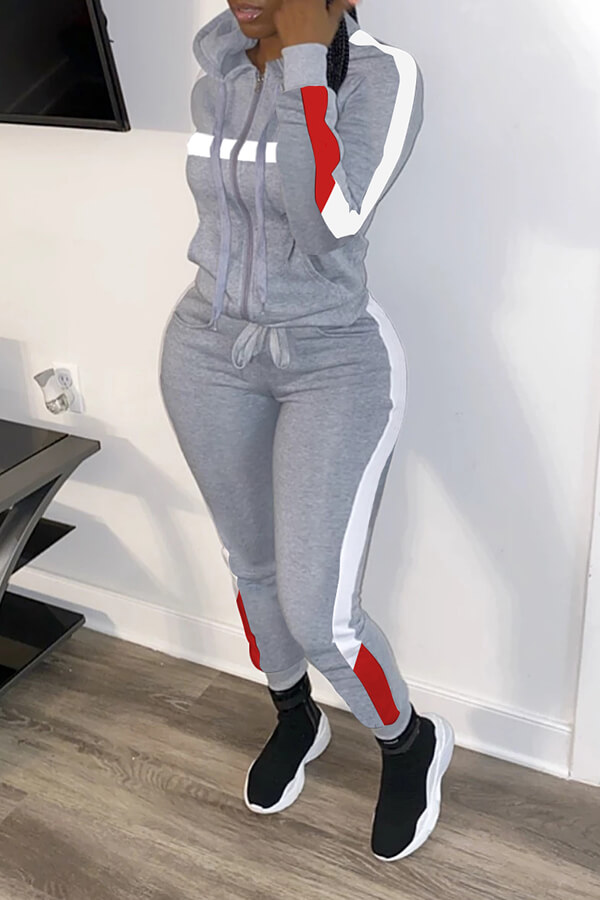 Cheap Two-piece Pants Set Lovely Trendy Hooded Collar Patchwork Grey T