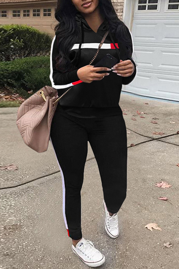 

Lovely Casual Hooded Collar Patchwork Black Two-piece Pants Set