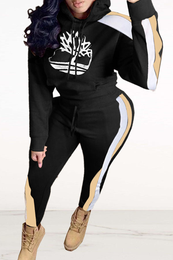 

Lovely Casual Hooded Collar Printed Black Two-piece Pants Set