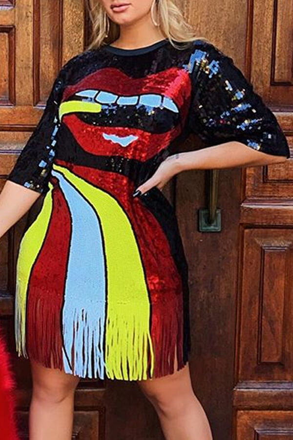 

Lovely Casual O Neck Tassel Design Multicolor Knee Length Dress, Multi