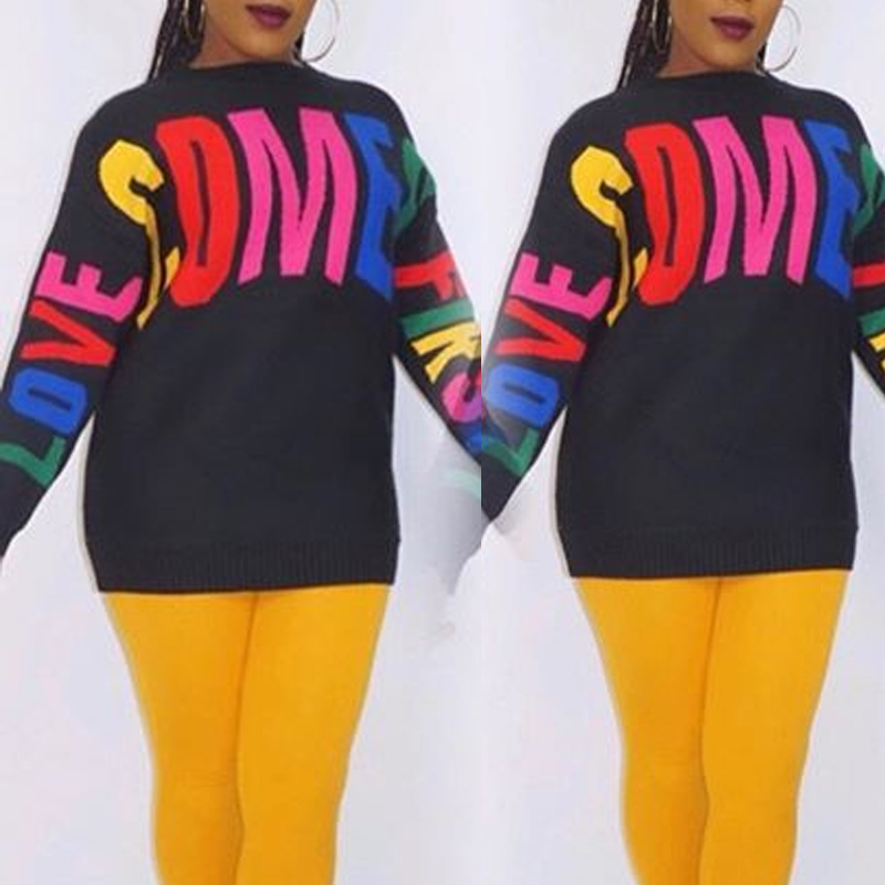 

Lovely Casual Letter Loose Black Sweater