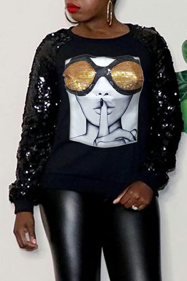 Lovely Casual Sequined Print Black Sweatshirt Hoodie