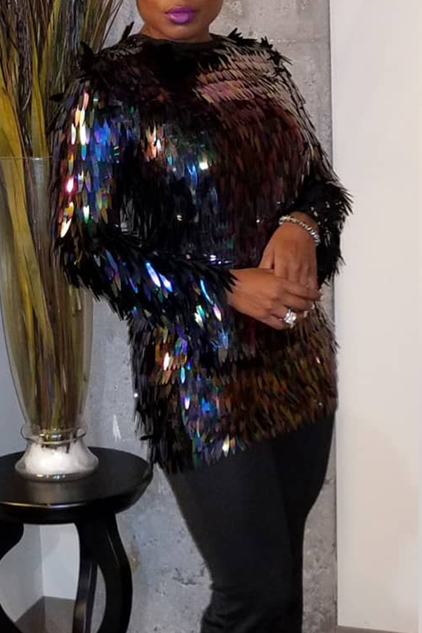 

Lovely Trendy Sequined Blouse O Neck Black Size Large