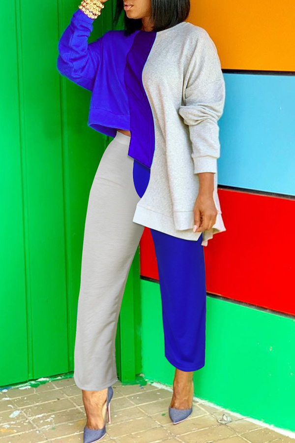 

Lovely Casual Patchwork Blue Two-piece Pants Set