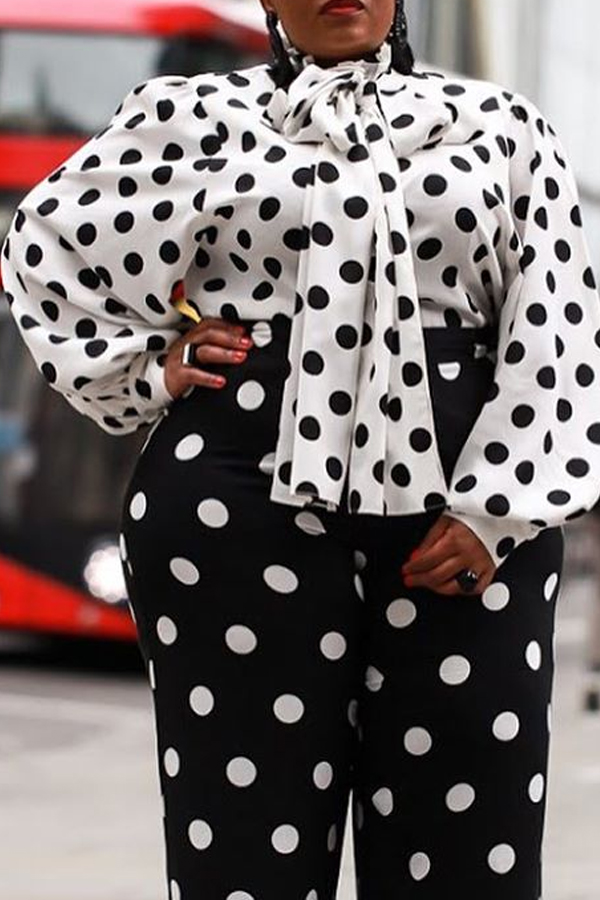 

Lovely Trendy Dot Printed Black Plus Size Blouse