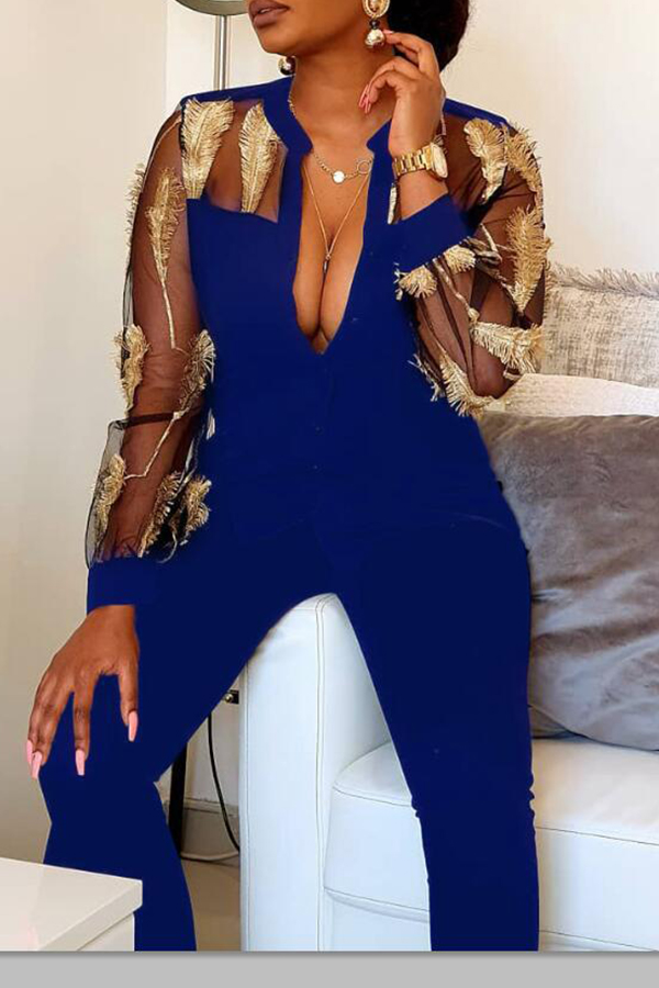 

Lovely Trendy See-through Patchwork Blue One-piece Jumpsuit