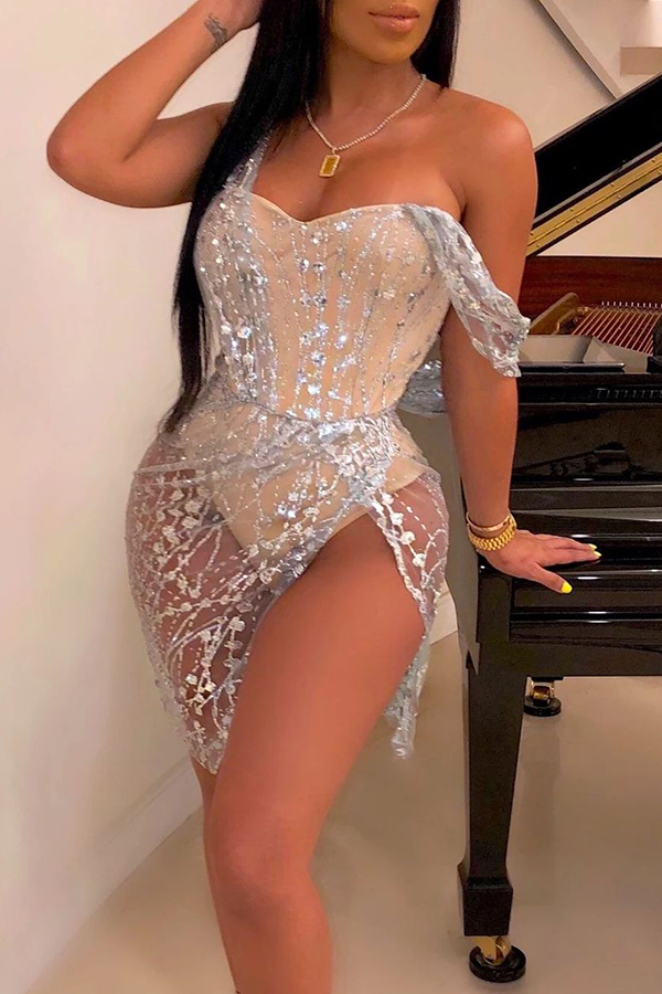 

Lovely Sexy Patchwork Silver One-piece Romper