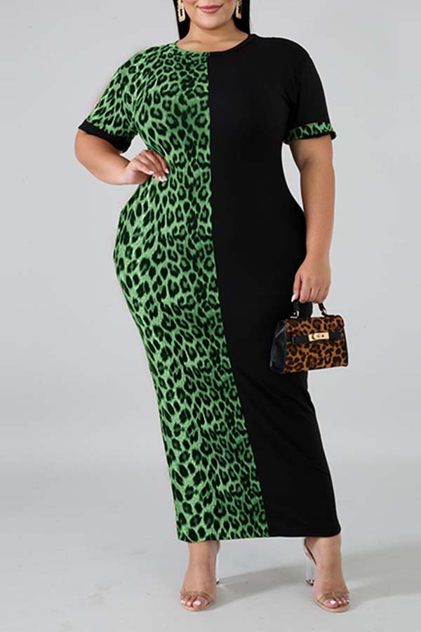 

Lovely Casual Patchwork Green Ankle Length Plus Size Dress