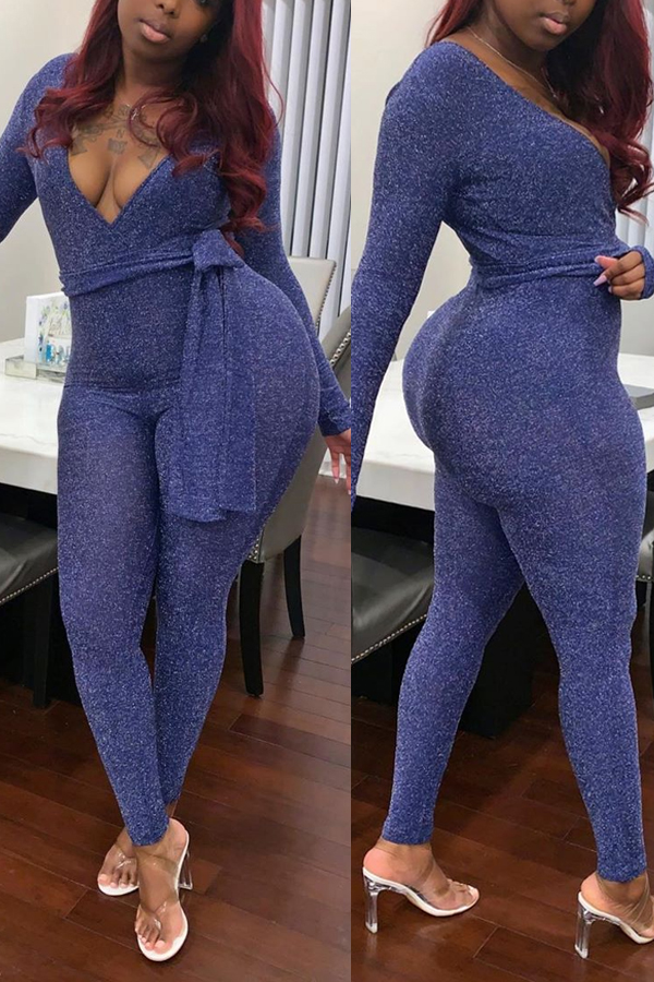 

Lovely Sexy Deep V Neck Knot Design Blue One-piece Jumpsuit