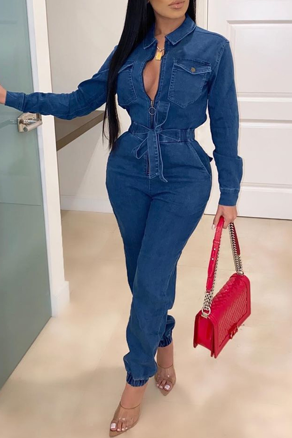 

Lovely Trendy Lace-up Blue One-piece Jumpsuit