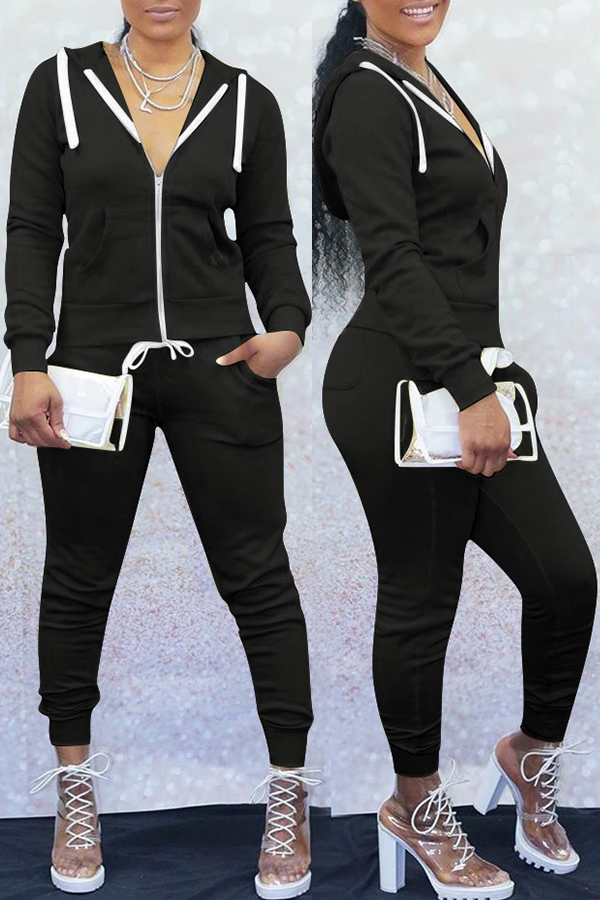 

Lovely Trendy Hooded Collar Black Two-piece Pants Set