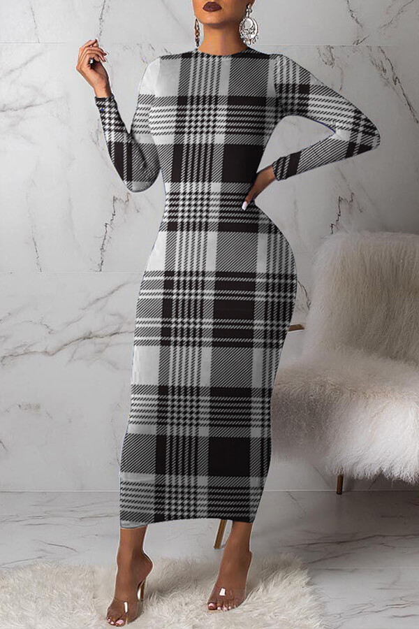 Lovely Trendy Grid Printed Black Ankle Length Dress