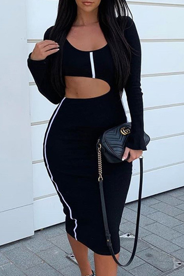 

Lovely Casual Hollow-out Black Mid Calf Dress
