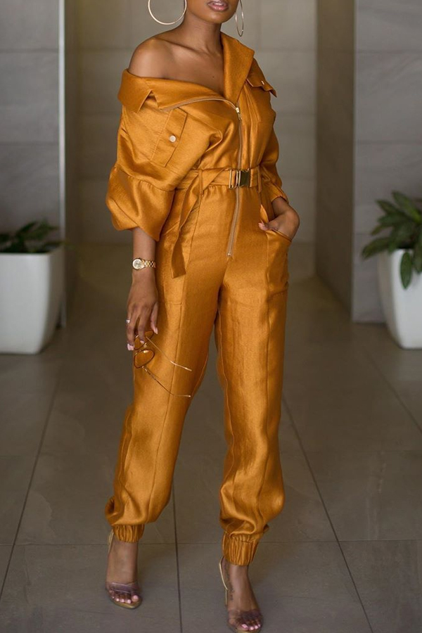 

Lovely Trendy Zipper Design Yellow One-piece Jumpsuit