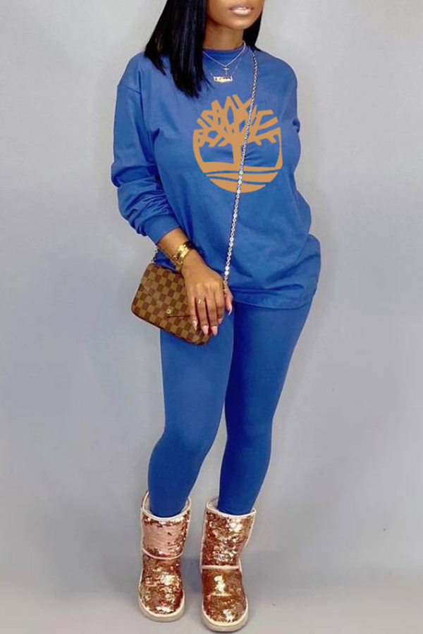 

Lovely Casual O Neck Printed Blue Two-piece Pants Set