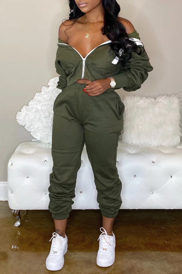 

Lovely Casual Zipper Design Army Green Two-piece Pants Set