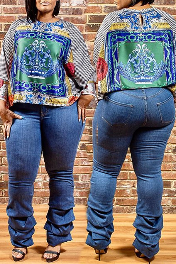 

Lovely Casual Ruffle Design Blue Plus Size Jeans