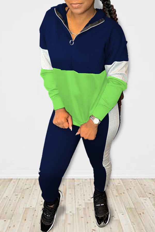 

Lovely Casual Color-lump Patchwork Blue Two-piece Pants Set
