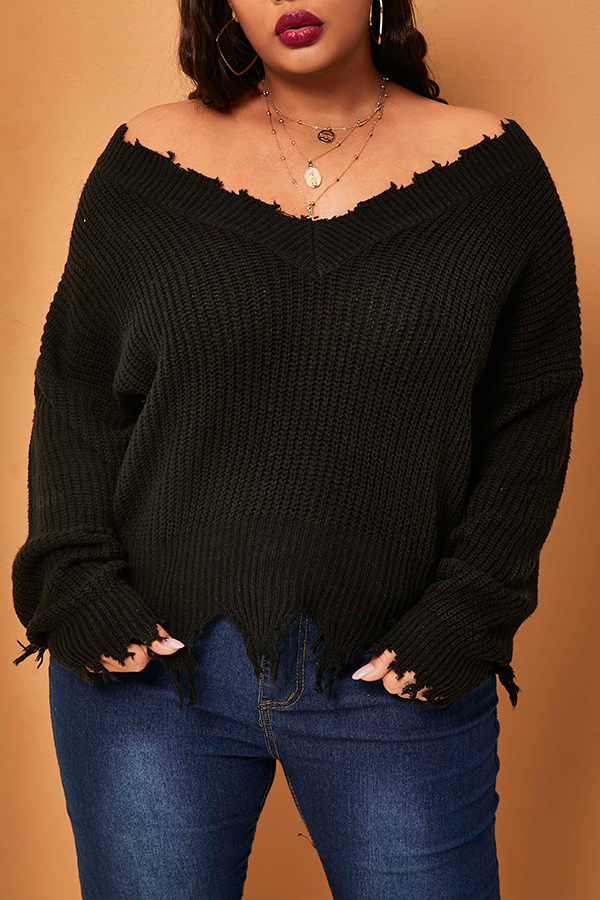 Cheap Plus Size Sweaters & Cardigans Lovely Casual V Neck Tassel Desig