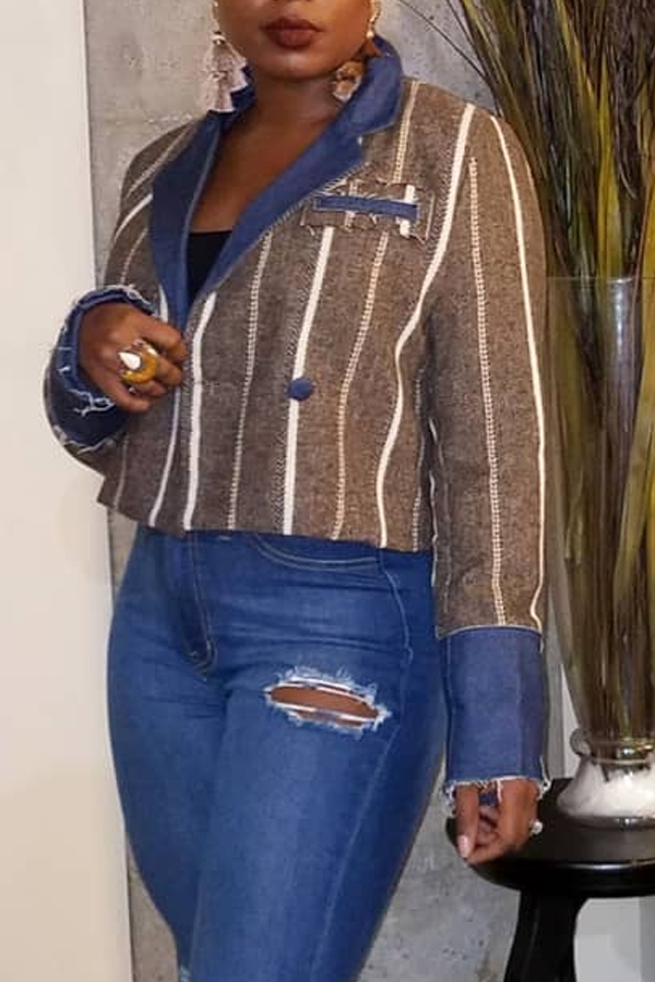 

Lovely Casual Patchwork Striped Blue Coat