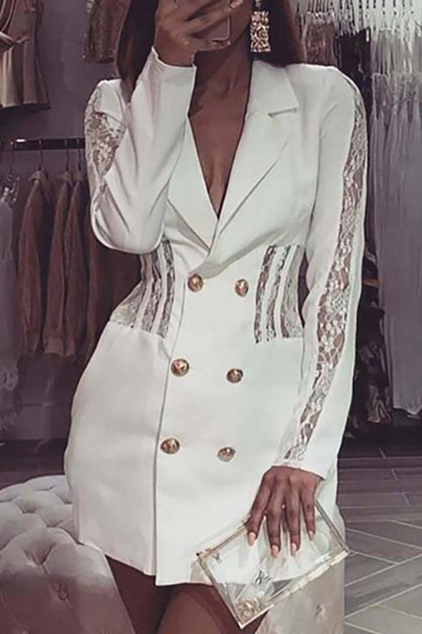 

Lovely Work Turn-back Collar Patchwork White Mini Dress