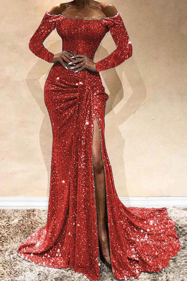 Cheap Prom Dress Lovely Party Side High Slit Red Trailing Evening Dres